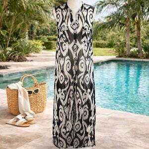 INC INTERNATIONAL CONCEPTS Black/White Long Swim Cover Up Women Size Large